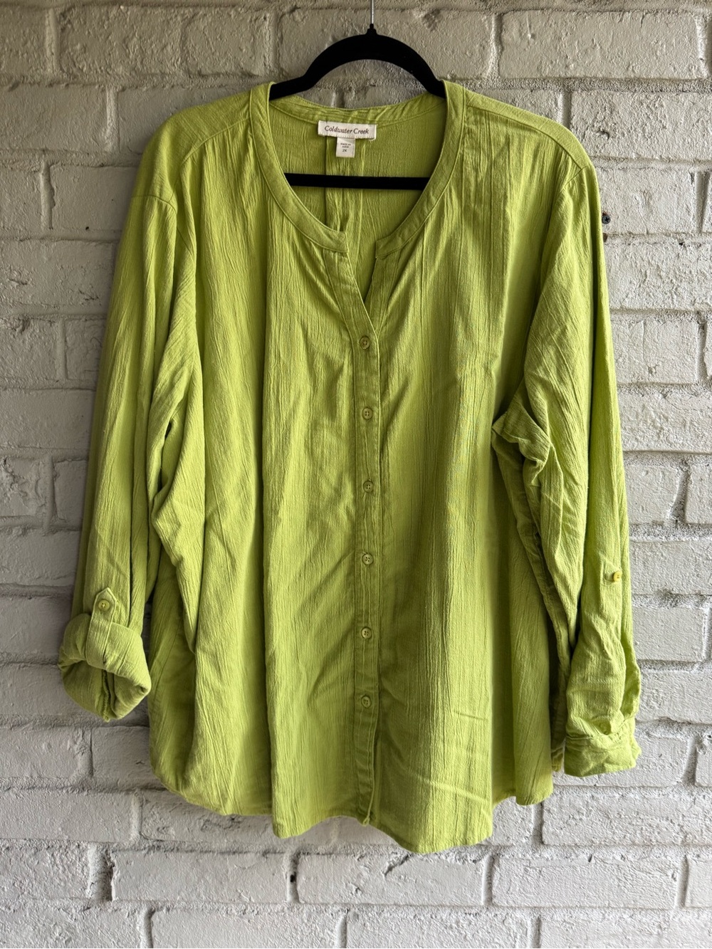 Coldwater Creek Lime Green Button Top Sz 2X EUC Long Roll up Sleeves 100%Cotton